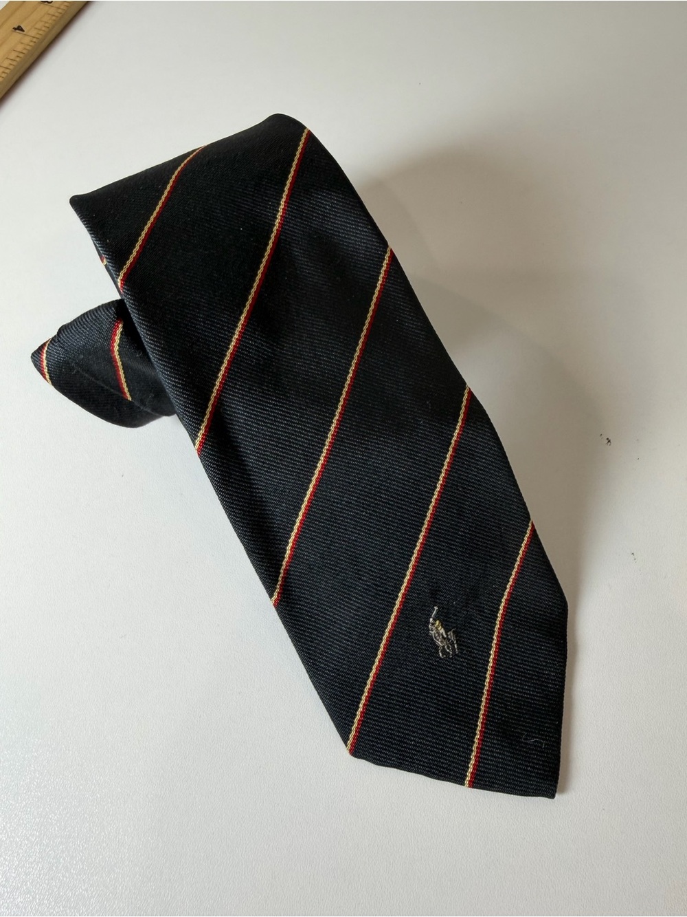 Polo Ralph Lauren Black Silk Tie with Red and Gold Embroidered Horse Logo Stripe